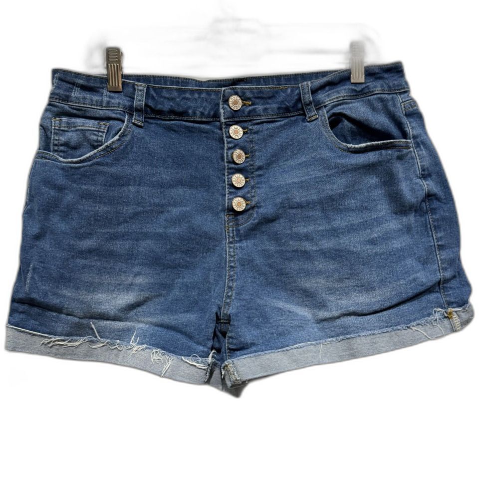Denim Shorts Women sz XL High Waist Exposed Button Fly Medium Blue Jean Cuff